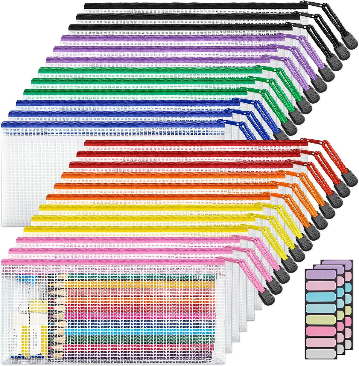 Waterproof Mesh Zipper Pouch Bags for School Travel and Cosmetics - 24 Pack
