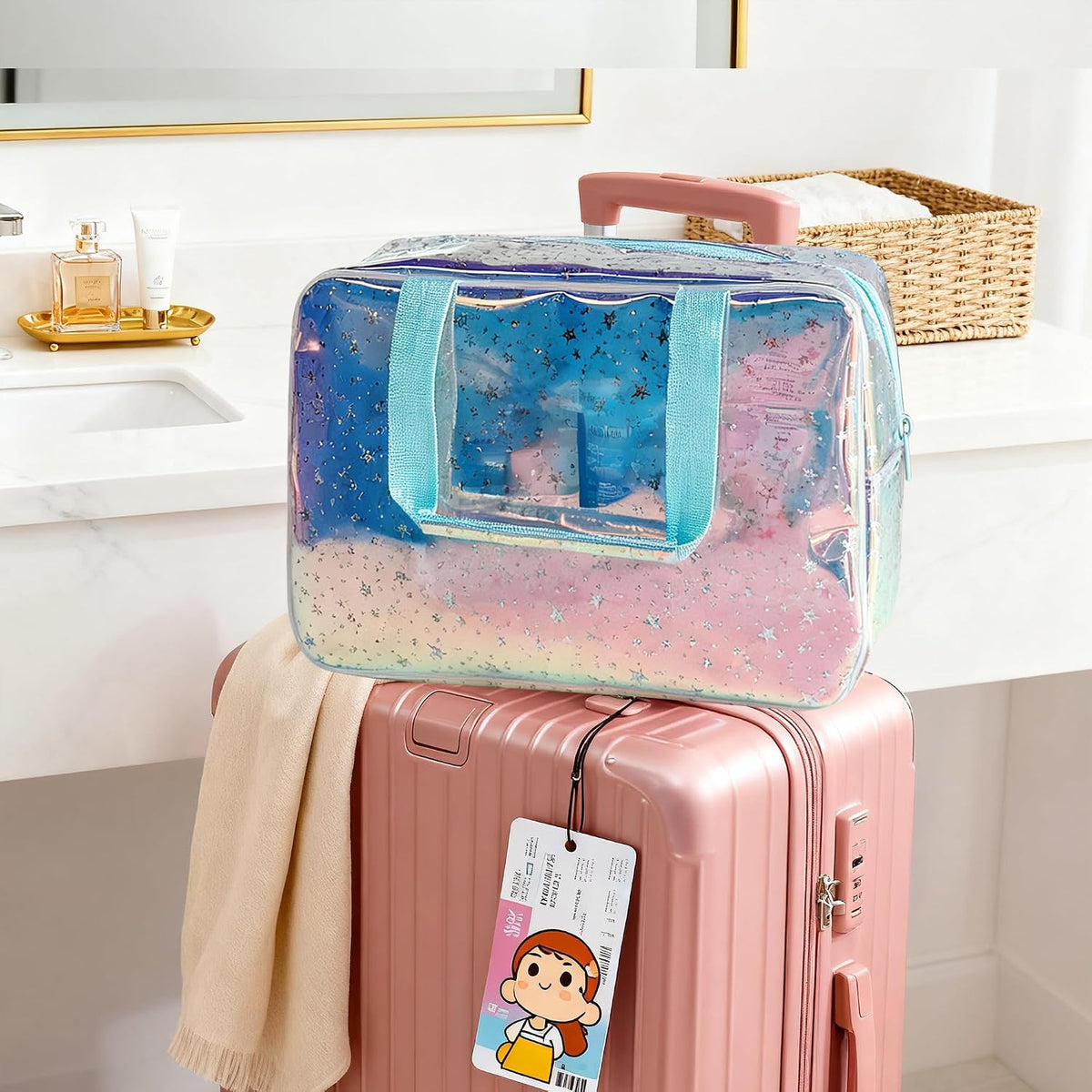 Large Holographic Purple Star Cosmetic Travel Bag with Handle Waterproof