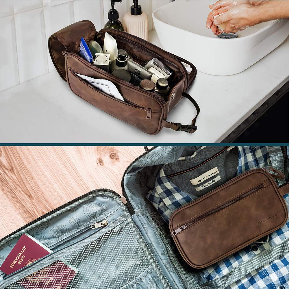 Men's Travel Toiletry Bag Leather Dopp Kit Organizer with Water-Resistant Interior