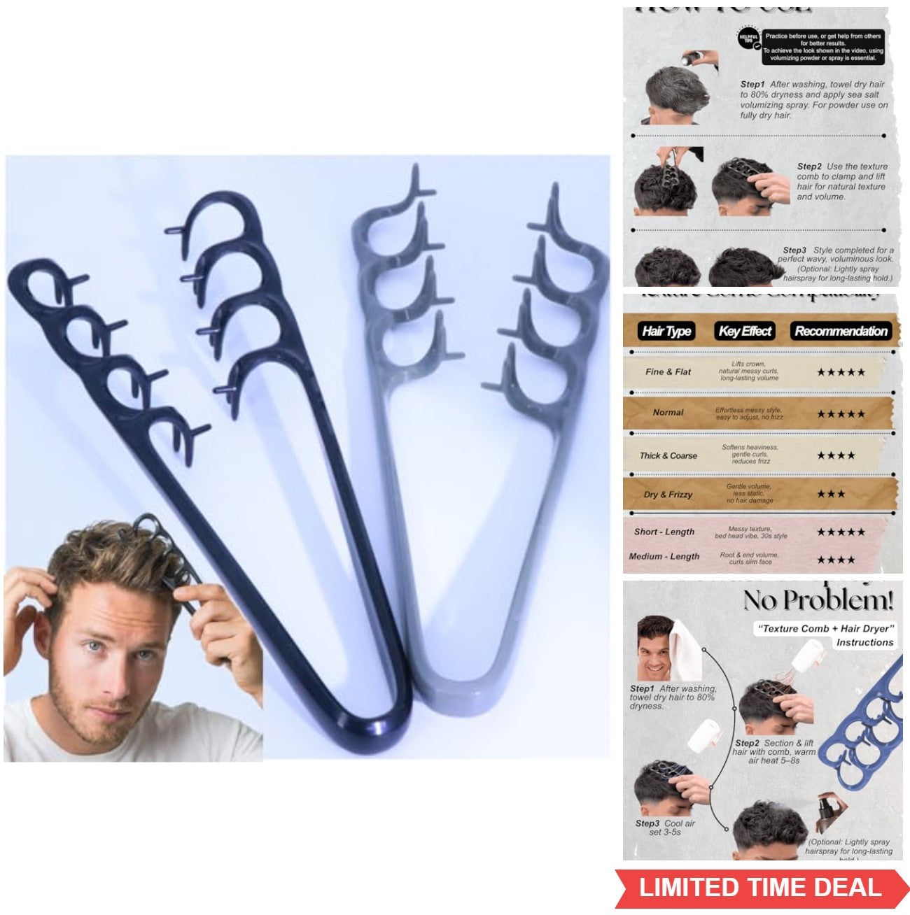 2 Pack Root Lift Comb Set for Volumizing & Textured Waves - Wide Tooth Styling Tools