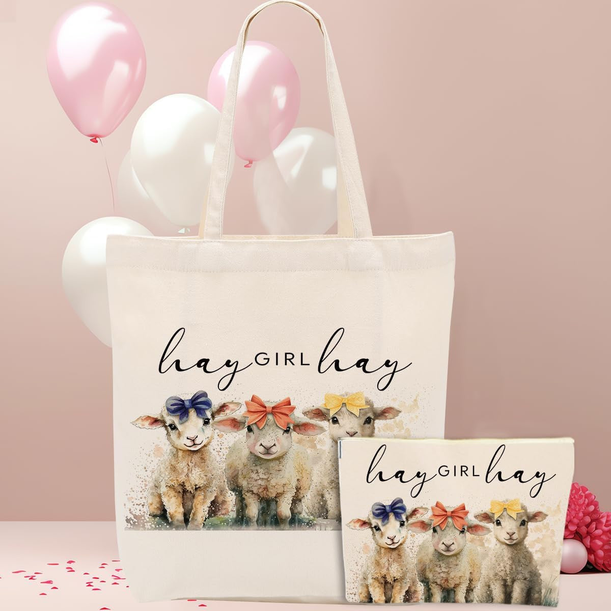 Sheep Lover Gift Set - Sheep Canvas Tote and Makeup Bag, 2 Pieces