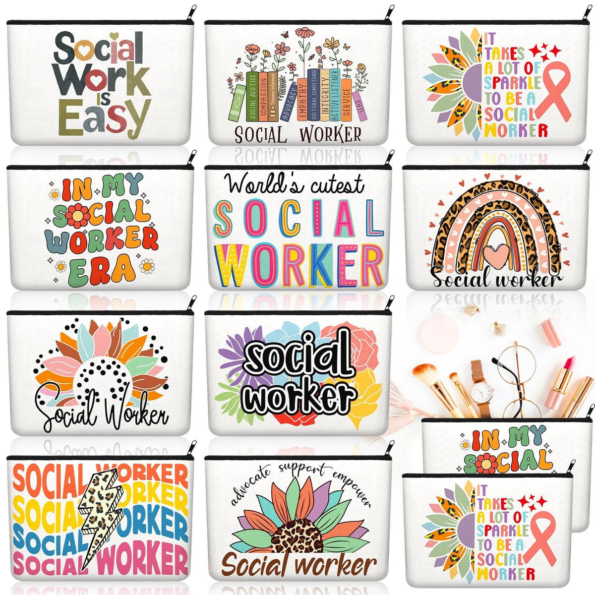 Social Worker Appreciation Gift Set - 10 Makeup & Travel Pouch Bags for Women