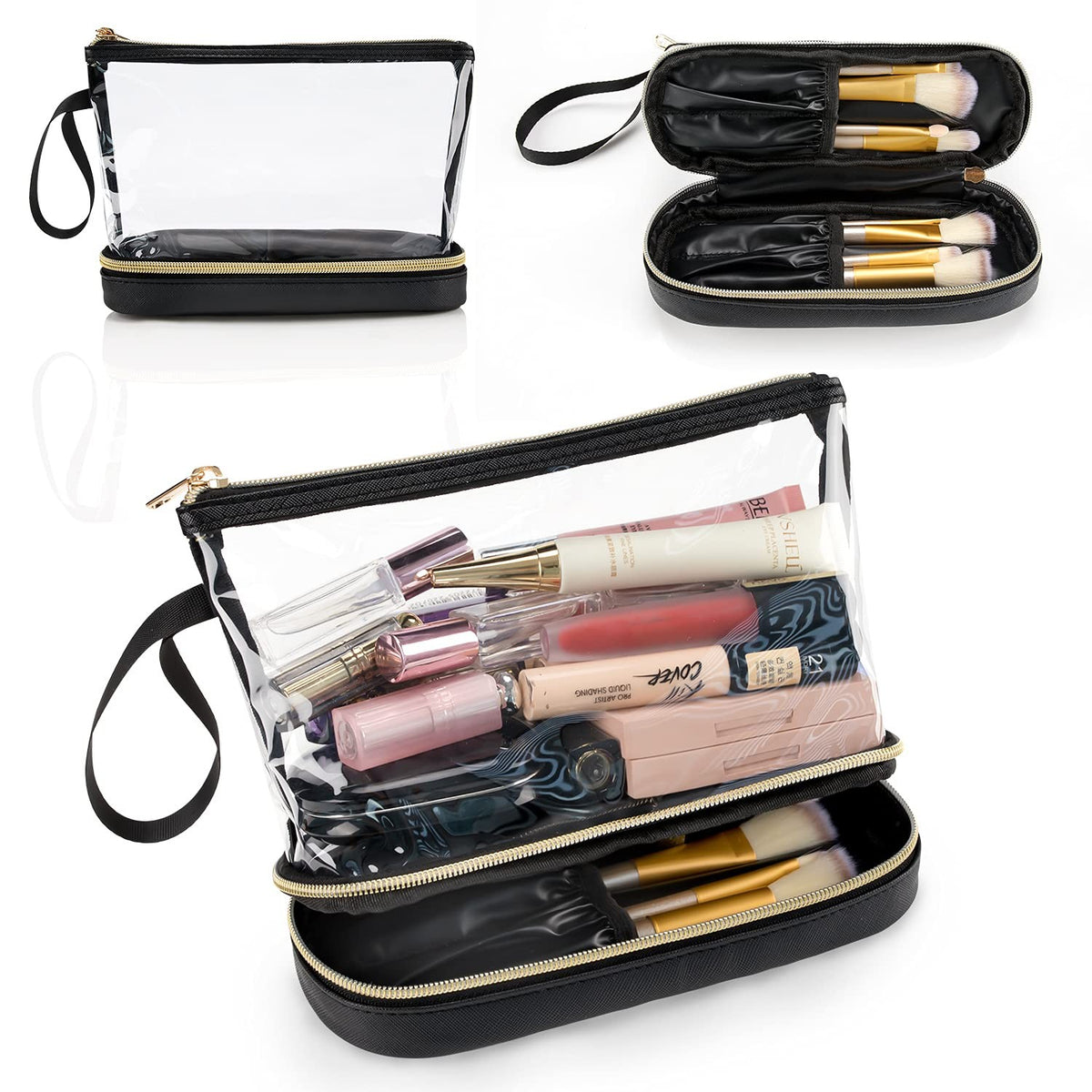 Small Clear Travel Makeup Bag with Double Layers and Faux Leather Handle