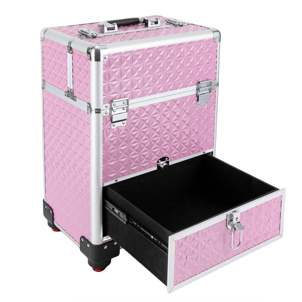 Rolling Makeup Train Case with 7 Compartments and Lockable Drawers