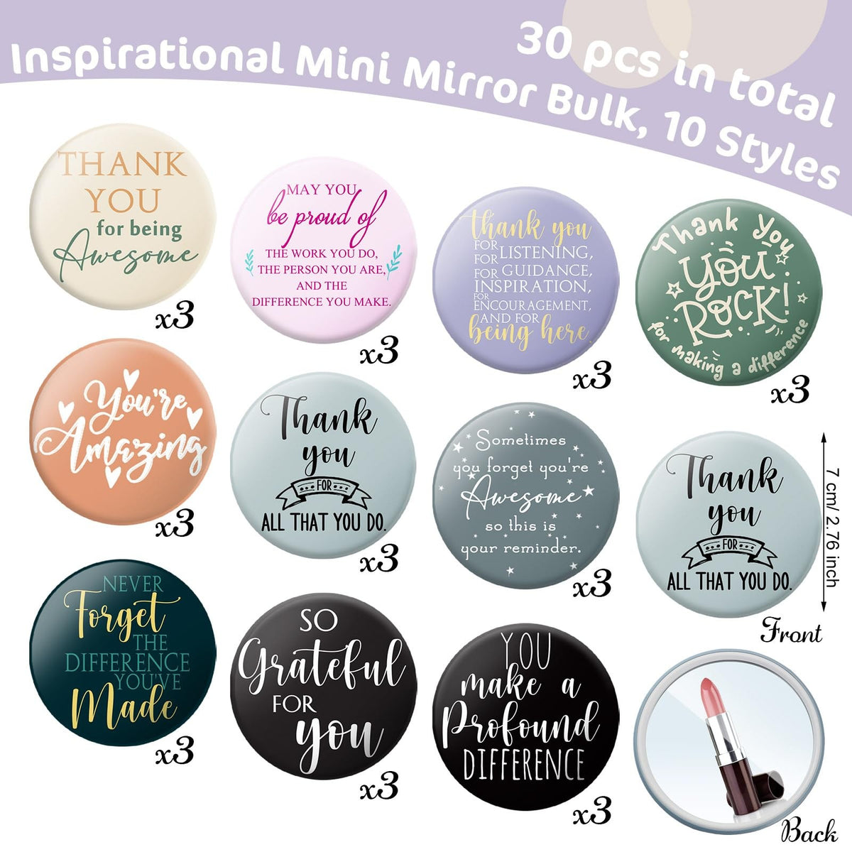 30 Pack Inspirational Compact Pocket Mirrors for Women & Employees – 2.76 Inch Round