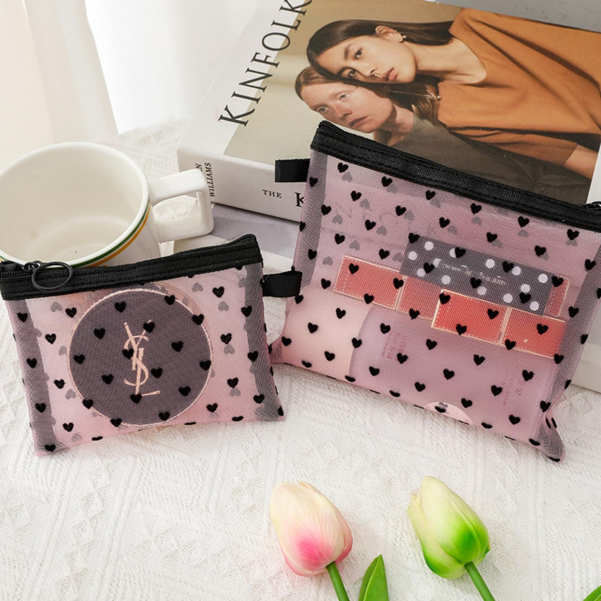 4-Piece Mesh Makeup Bag Set with Heart Print - Travel Cosmetic Organizer