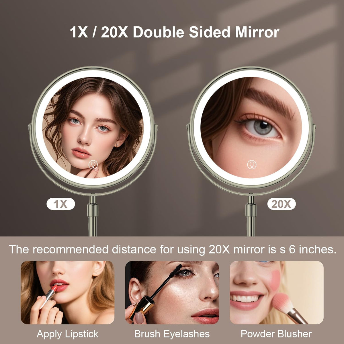 8.5-Inch Dual-Sided Makeup Mirror with Lights and 20X Magnification