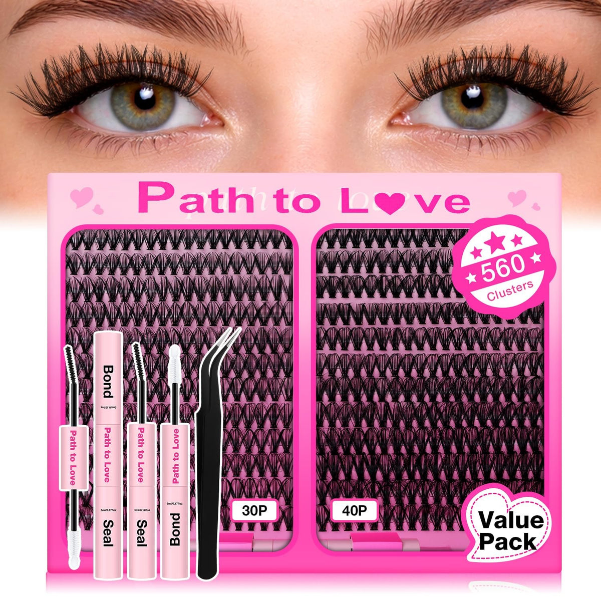 560 Pcs Lash Clusters Kit with Bond Seal & Tweezers - Natural & Waterproof