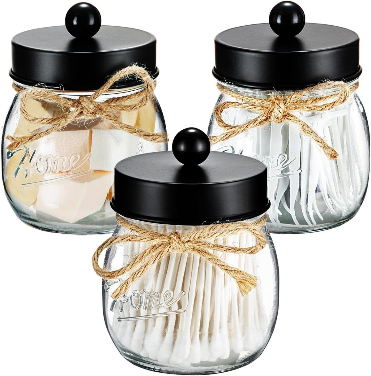 Black Glass Bathroom Jar Set - 3-Piece Organizing Container Set for Essentials