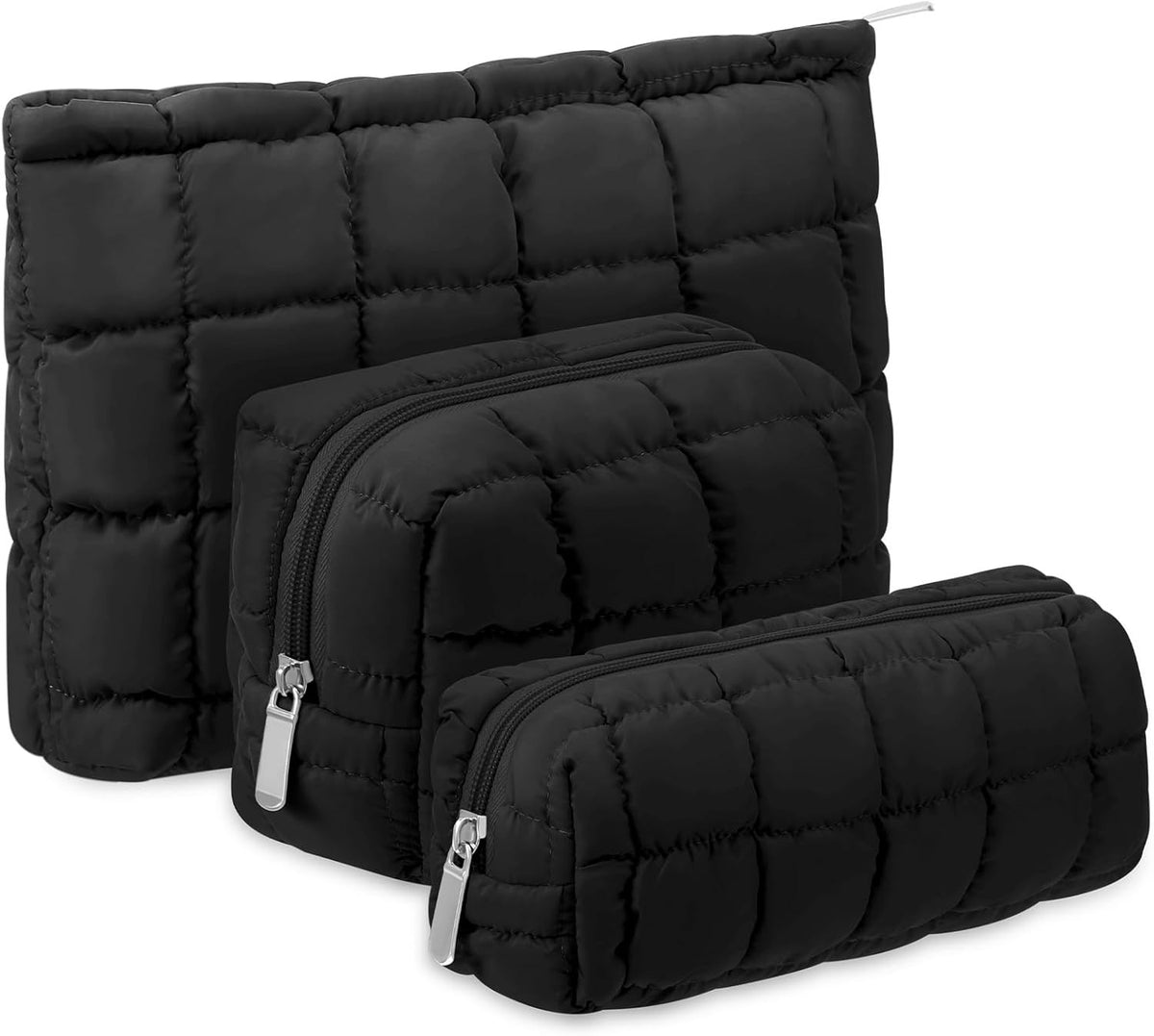 3 Pack Quilted Makeup Bags for Women - Travel Cosmetic Pouch Set