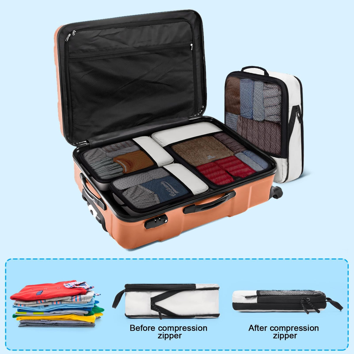 Travel Compression Packing Cubes Set - Lightweight Suitcase Organizers, Beige