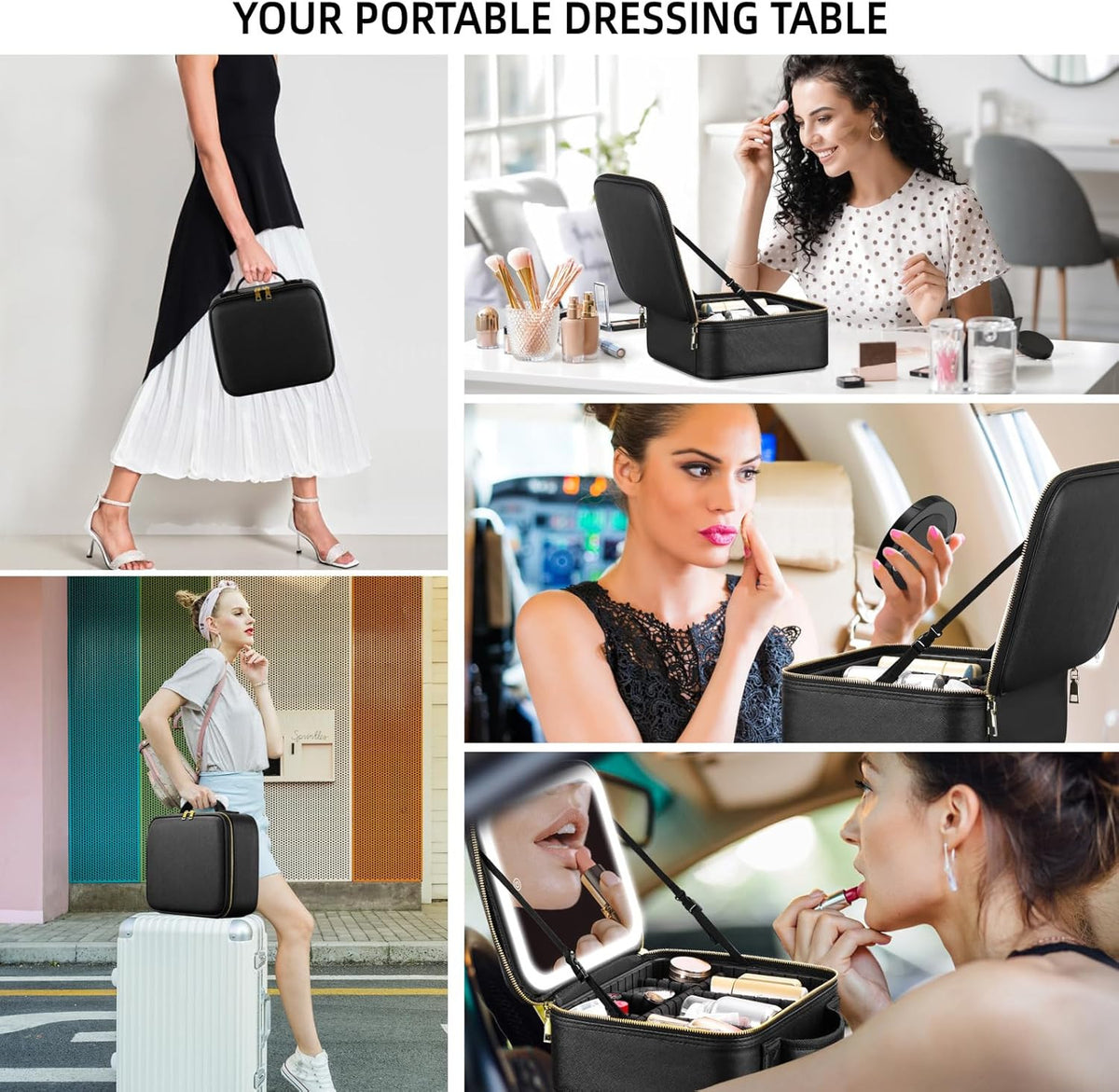 Portable Makeup Organizer with LED Mirror 10x Magnification and Adjustable Dividers