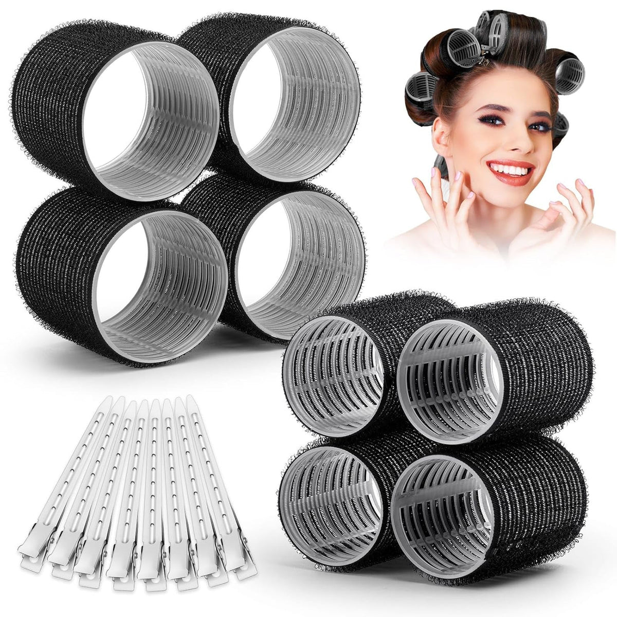 Self Grip Hair Curlers Set with 8 Large & Jumbo Sizes, 8 Clips for Long Hair