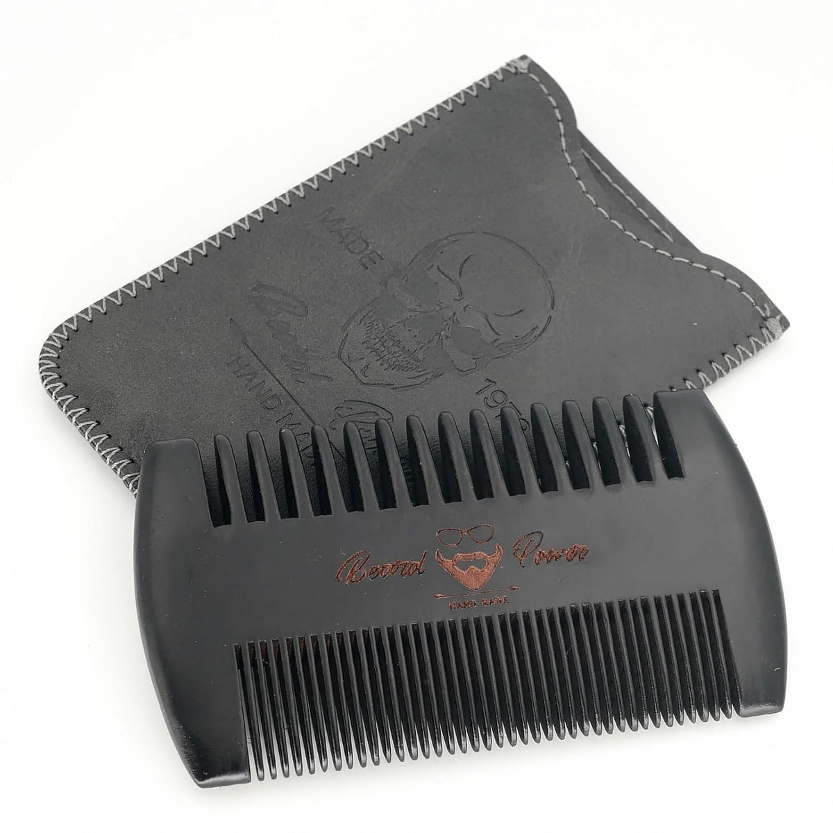 Black Wooden Beard Comb with Protective Leather Case - Travel Grooming Tool