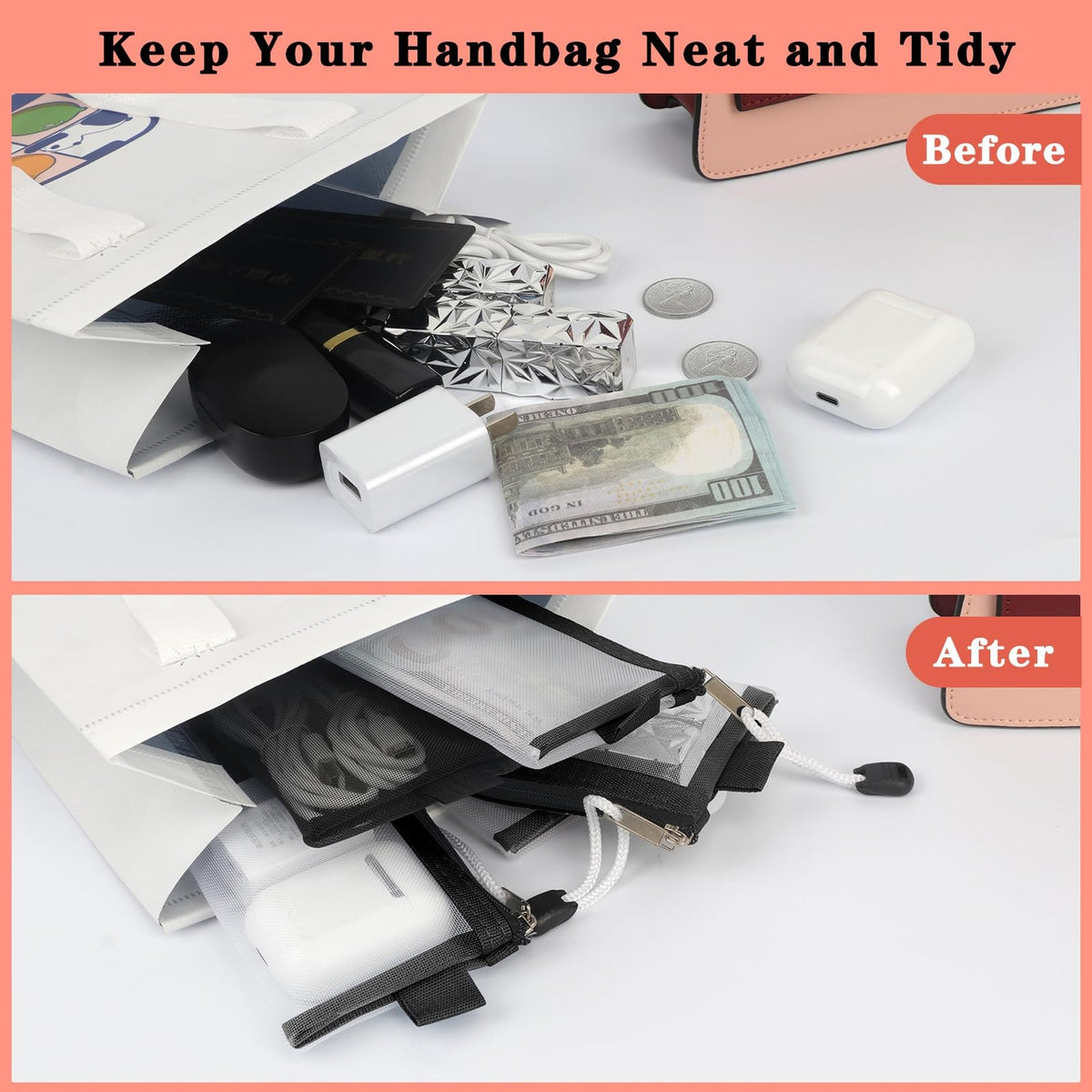 Mini Zipper Mesh Bags 3 Pack - Small Nylon Storage Pouches for Keys, Cards, Makeup