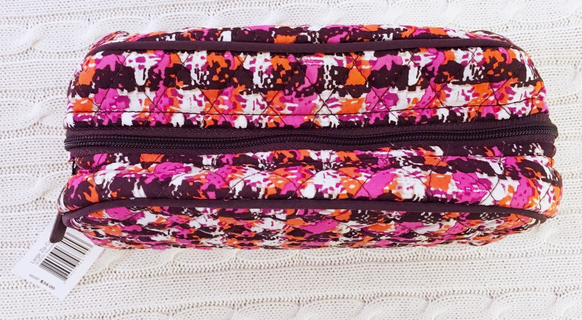 Large Zip Cosmetic Bag for Travel and Organization - Houndstooth Tweed Pattern