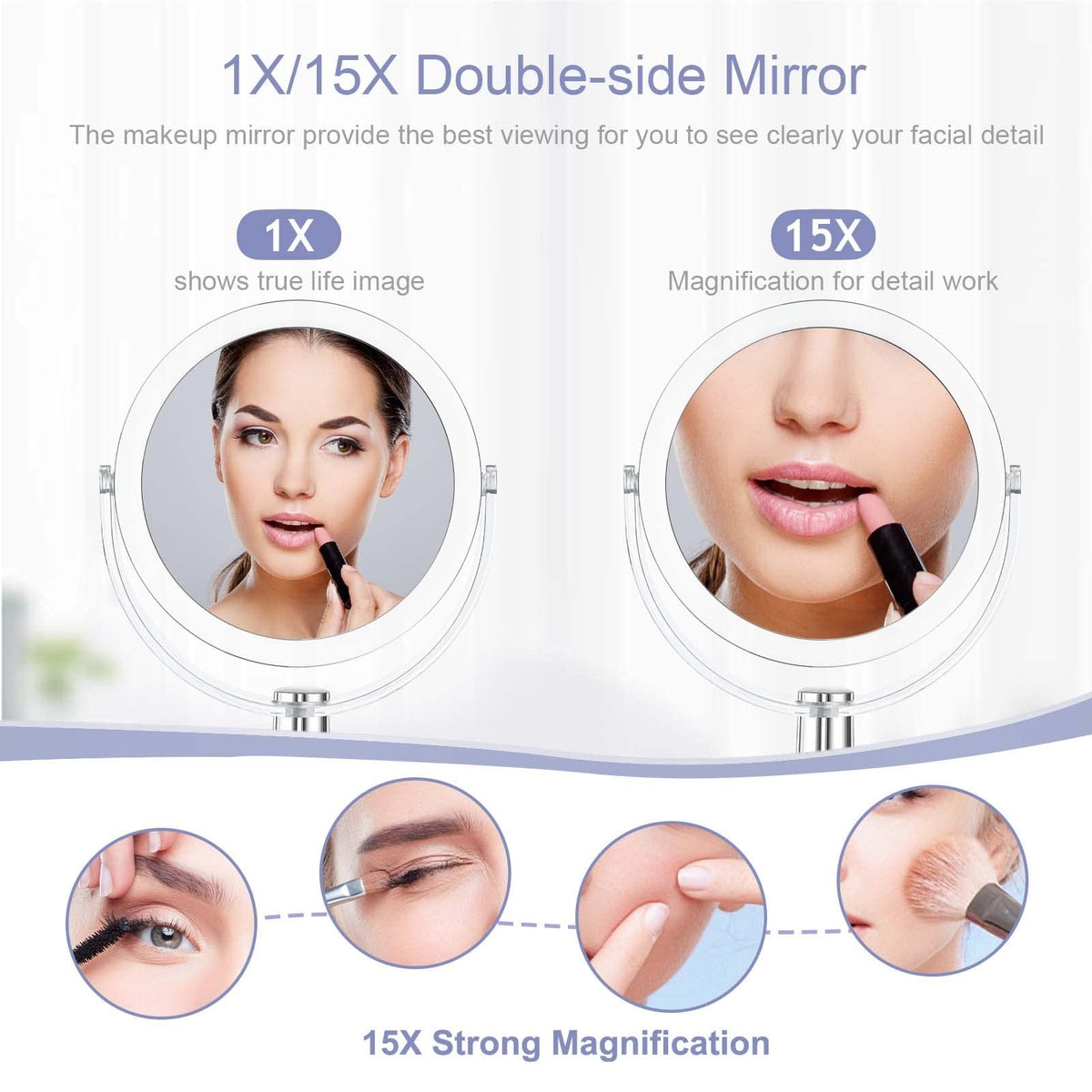 Double-Sided Makeup Mirror with 1X 15X Magnification, 360° Swivel, Portable 6.25"
