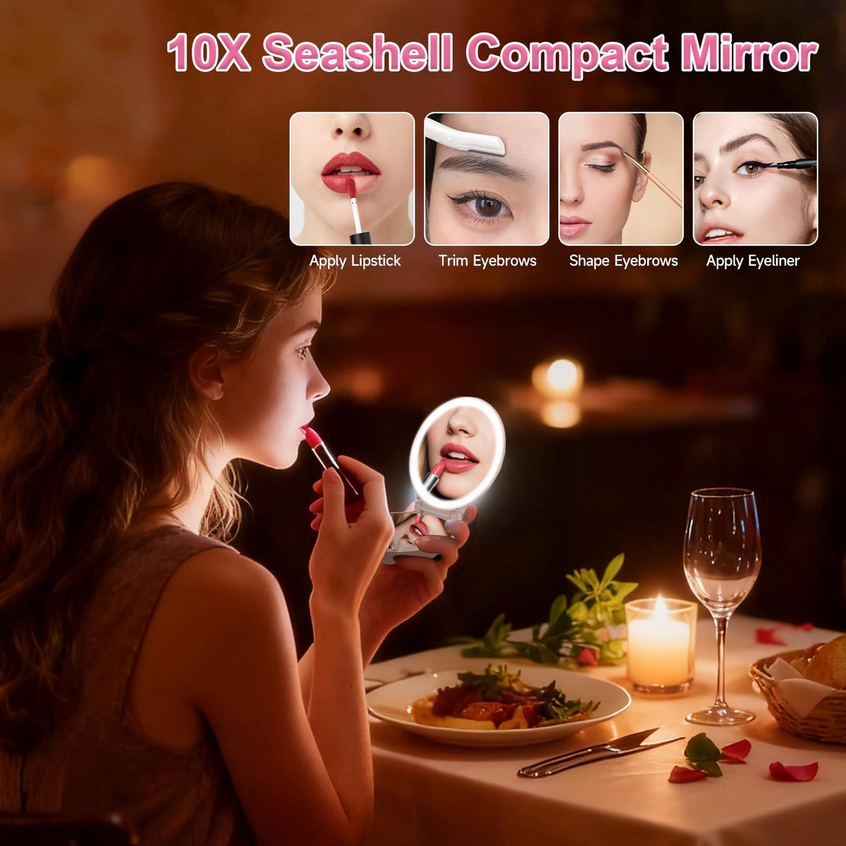 Portable 3.5 Inch Double-Sided Makeup Mirror with LED Lights - 10X Magnification