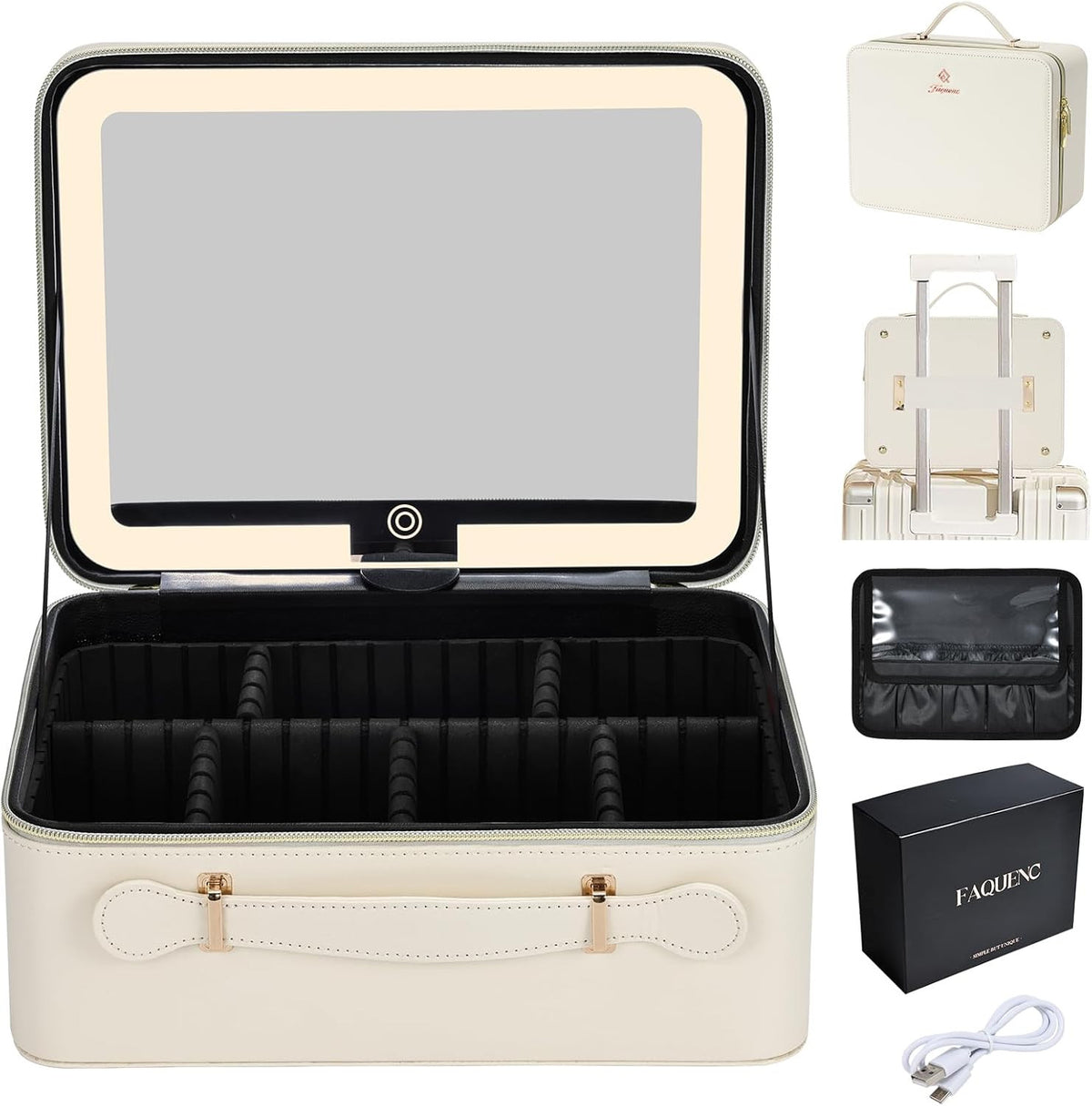 Travel Makeup Bag with LED Lighted Mirror and Waterproof Leather Storage Case