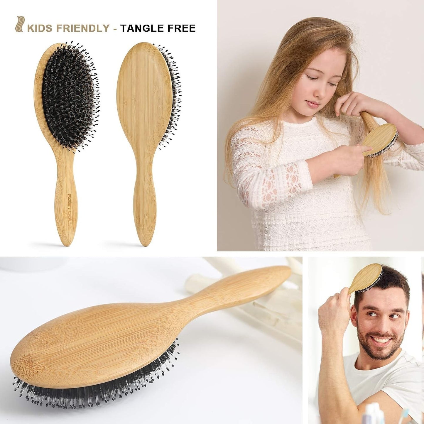 All-in-One Boar Bristle Bamboo Hairbrush for Detangling & Shine