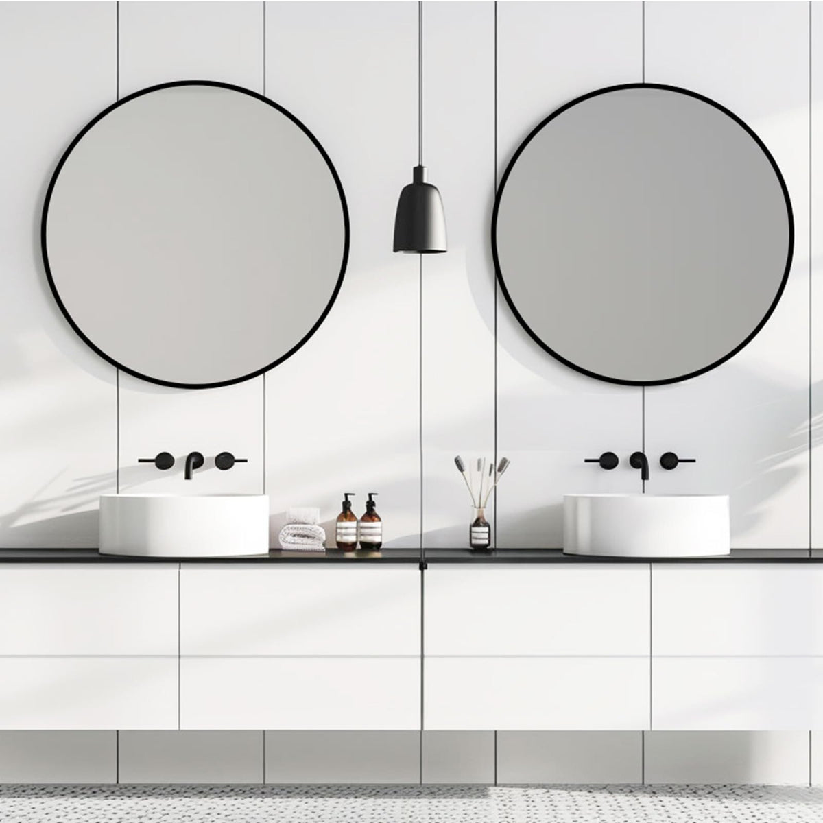 Round Wall Mirror 20 Inch Black Aluminum Frame - Modern Circle Wall Mirror