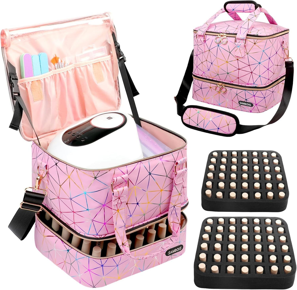 Large Capacity Nail Polish Organizer Bag with Lamp and Travel Case - Holds 84 Bottles