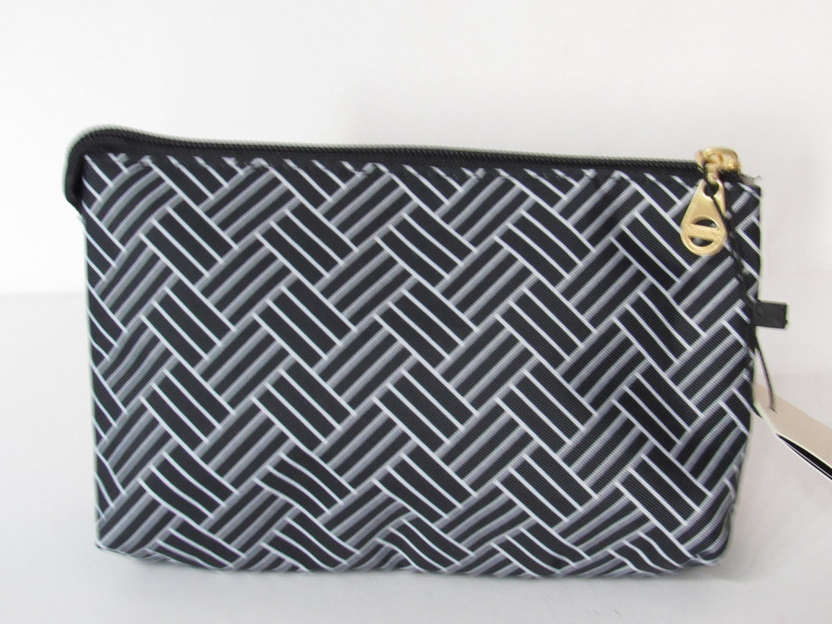 Cosmetic Bag with Multiple Compartments - Gold-Tone Hardware, Black Basket Print