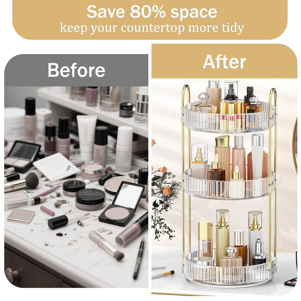 Rotating Makeup Organizer for Vanity, 3 Tiers, Clear, Adjustable Storage