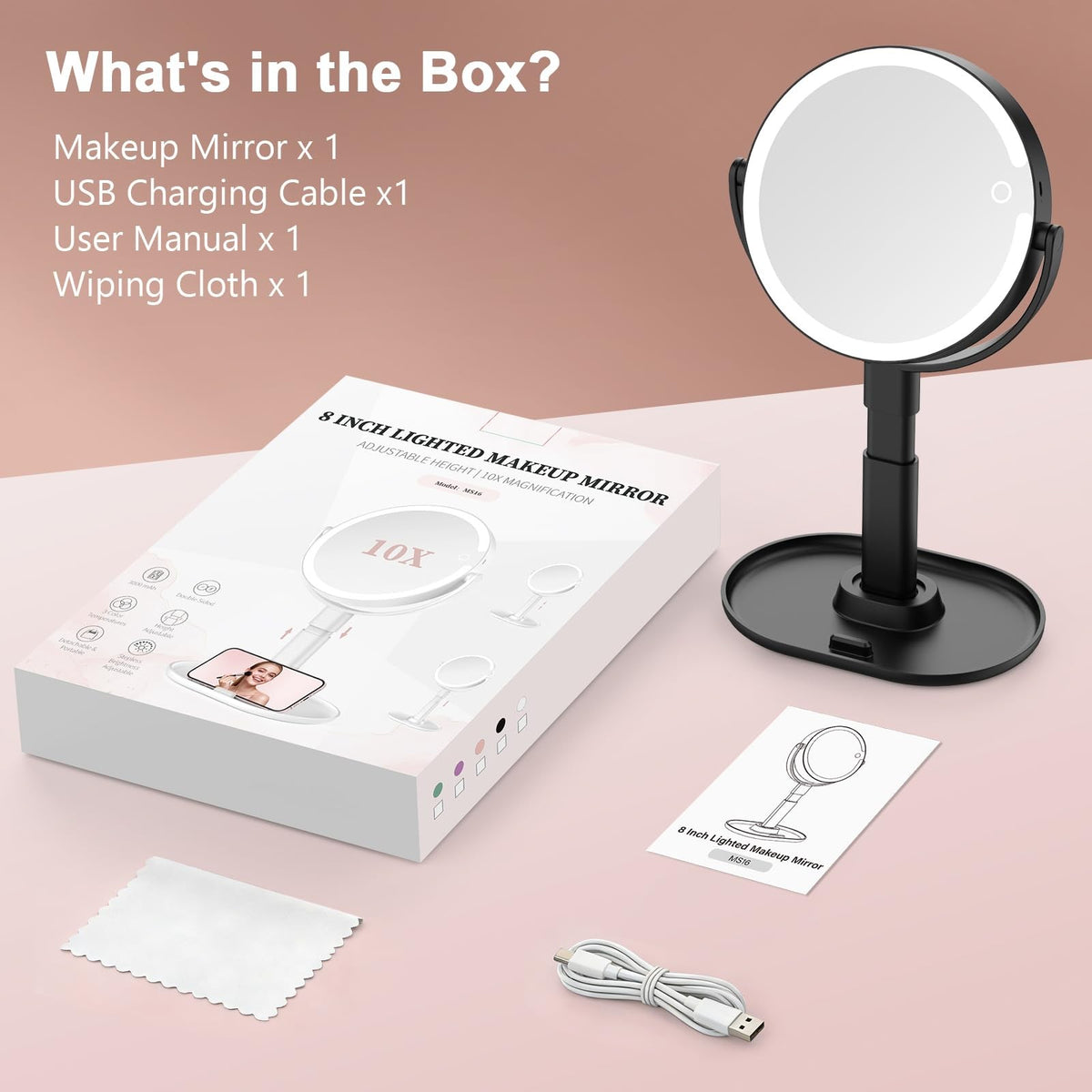 Lighted Makeup Mirror with 10X Magnification, Rechargeable LED, Adjustable Brightness