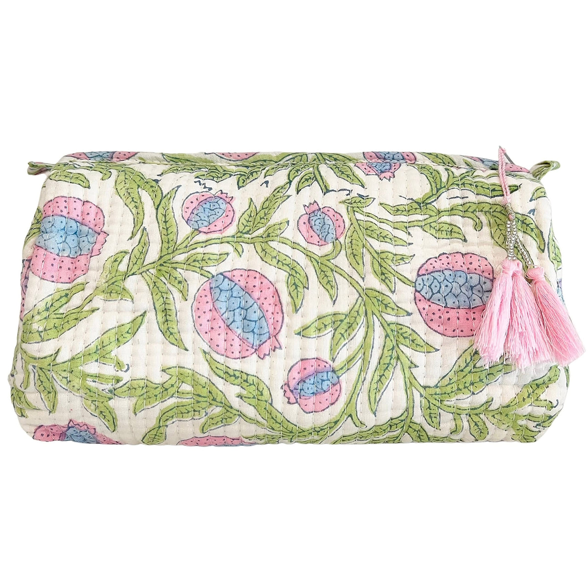 Boho Floral Quilted Toiletry Bag & Makeup Case - Pink & Blue Pomegranate
