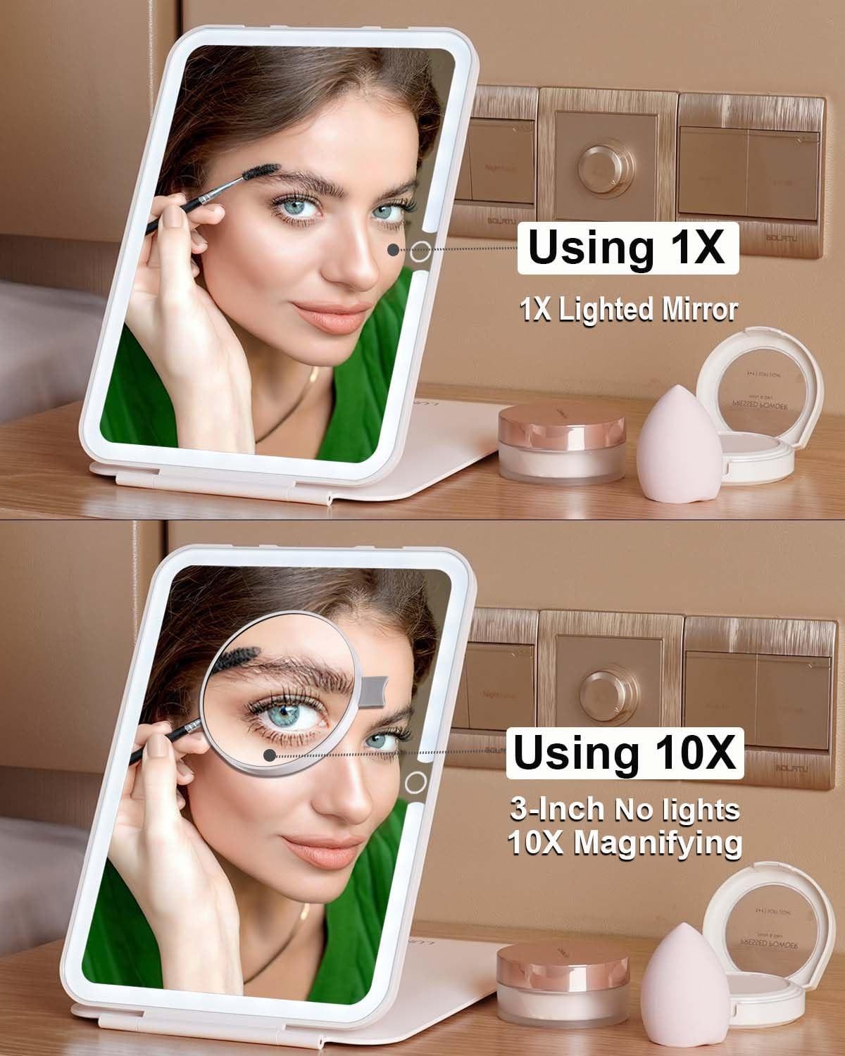 Lighted Makeup Mirror with 10X Magnification, 10x7 Inch Travel Vanity with 3 Dimmable LED Colors
