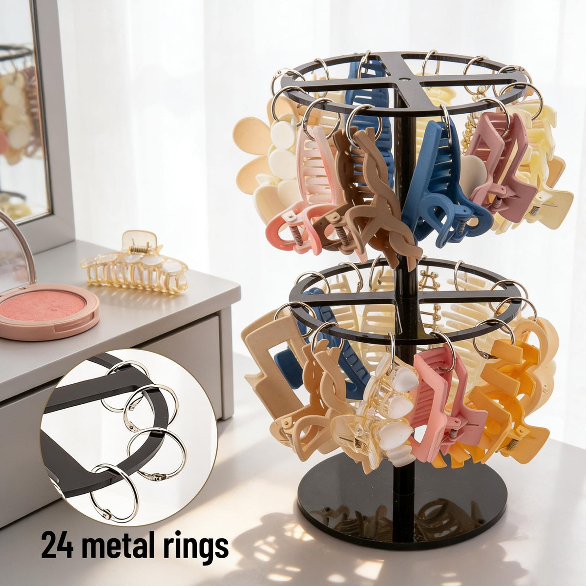 2-Tier Black Acrylic Hair Claw Clip Organizer Rack Large Capacity Storage
