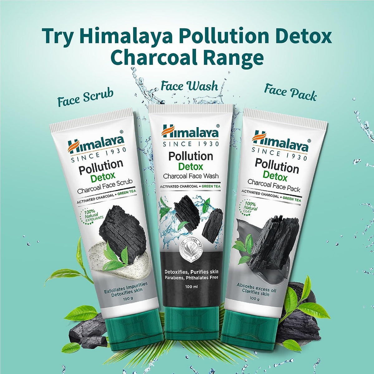 Pollution Detox Charcoal Face Scrub with Green Tea - Natural Exfoliant for Deep Cleansing, Brightening Skin - 50g Himalaya