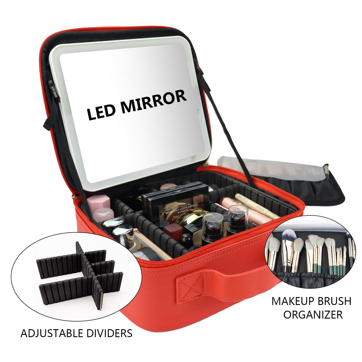 Travel Makeup Bag with LED Mirror, Adjustable Dividers & Pink Finish