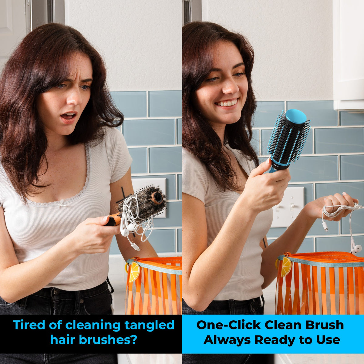 Self-Cleaning Retractable Hair Brush for Women - Blue