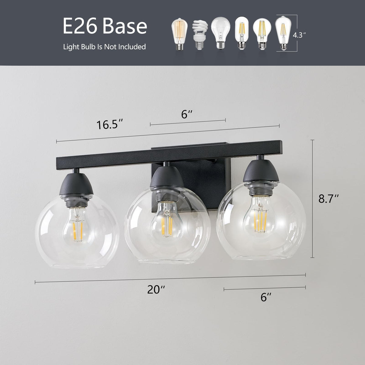 3-Light Black Vanity Light Fixture with Hand-Blown Glass Shades for Bathroom