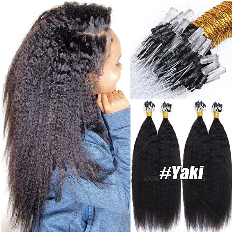 200PCS Micro Link Hair Extensions Human Hair Kinky Straight Yaki Loop Rings