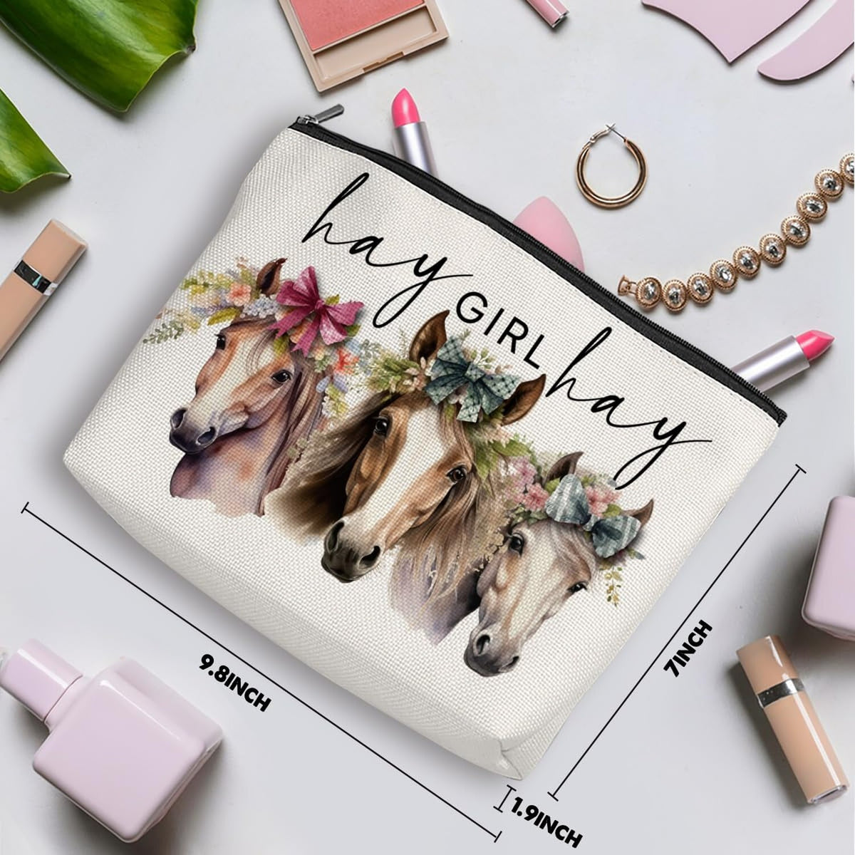 Horse Print Makeup Bag for Girls Women - Equestrian Gift, Travel Toiletry Organizer