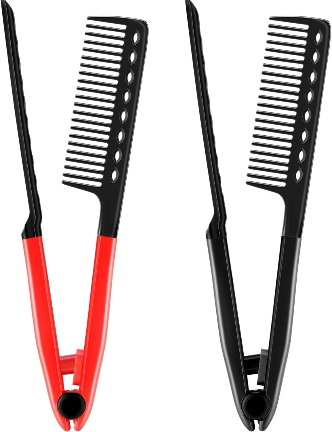 V-Shaped Hair Straightening Comb Set - 2 Pack, Red & Black, Travel Friendly