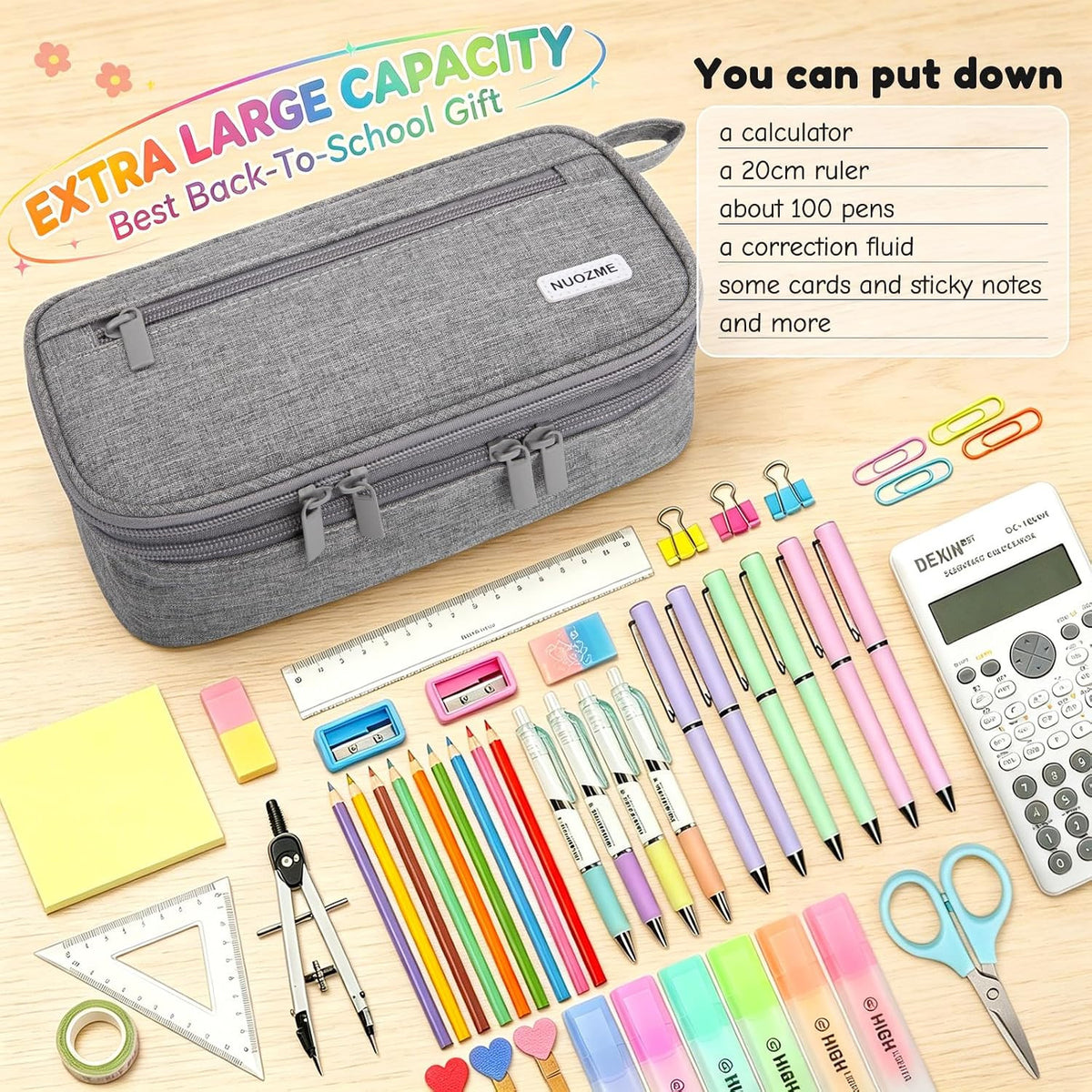 Large Capacity Double Layer Pencil Case with 5 Compartments and Zipper - Canvas Stationery Organizer