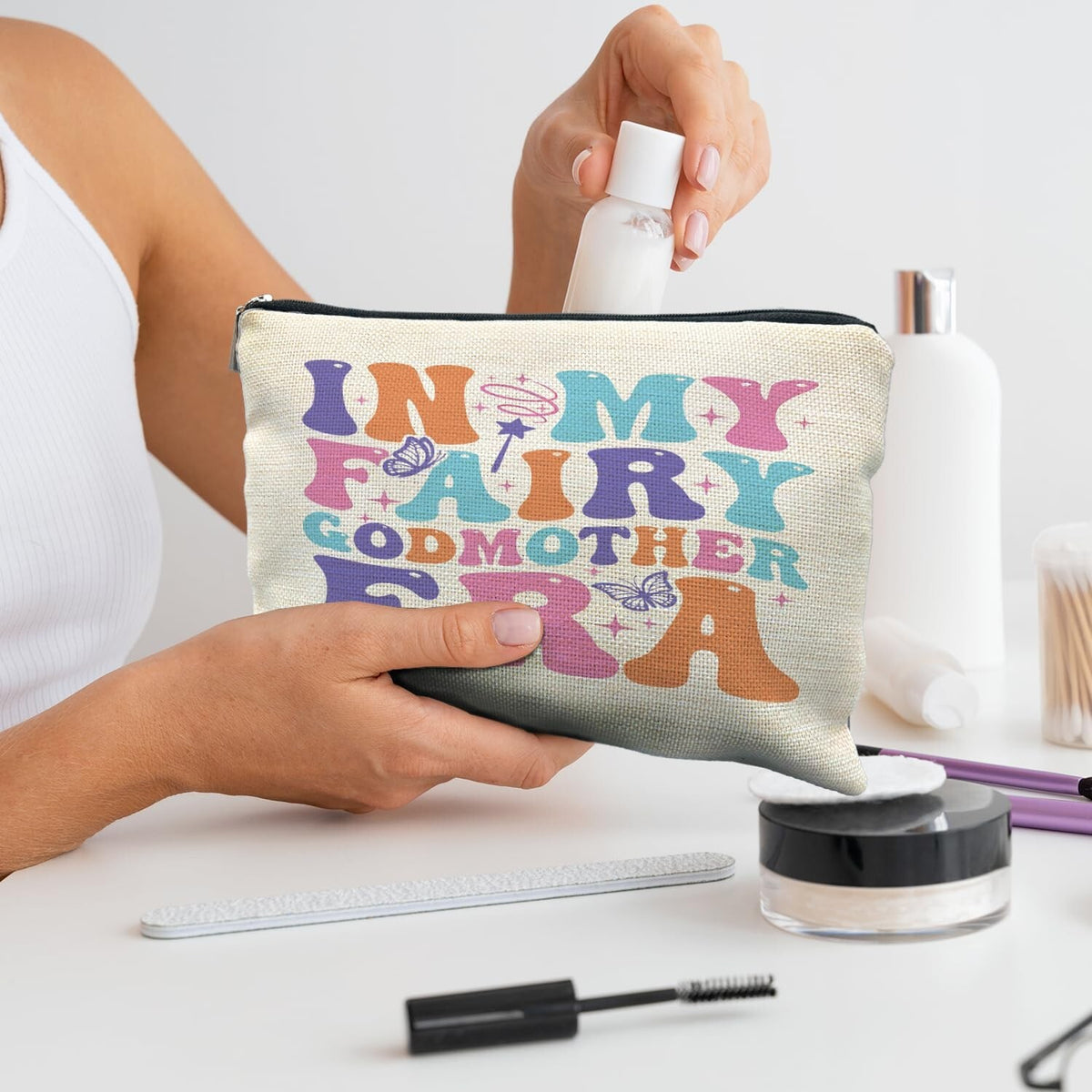 Fairy Godmother Makeup Bag for Women, Gift for Godmother, Canvas Cosmetic Organizer