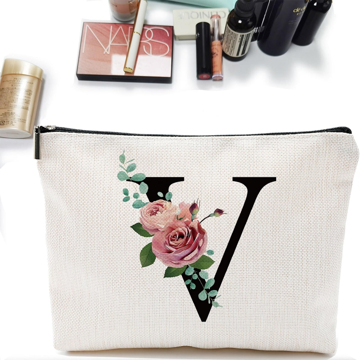 Personalized A-Z Letter Makeup Bag - Monogrammed Cosmetic Travel Organizer