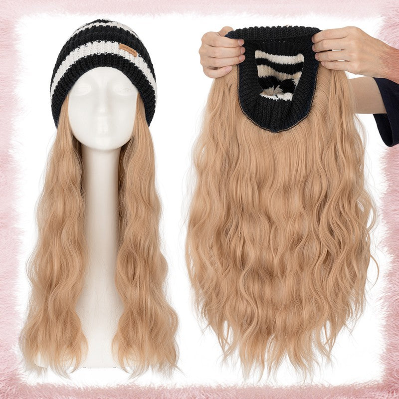 Women Knitted Wavy Wig Winter Beanie Hat - Long Curly Synthetic Hair