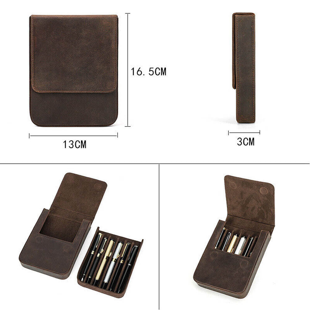 Handmade Cowhide Leather Pen Pouch Zipper Pencil Case Stationery Storage