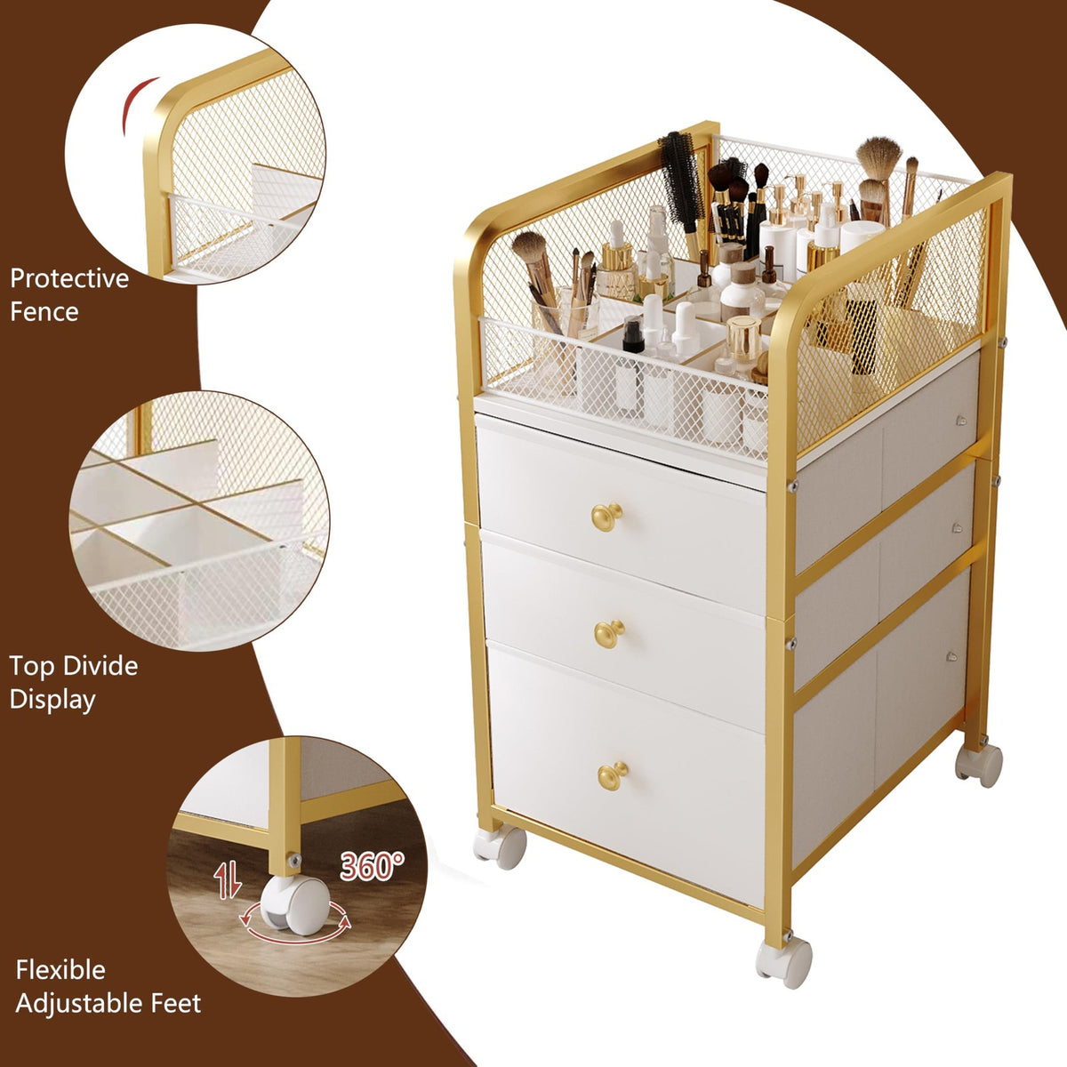 Rolling Makeup Organizer Cart with 3 Drawers – Under-Desk Gold