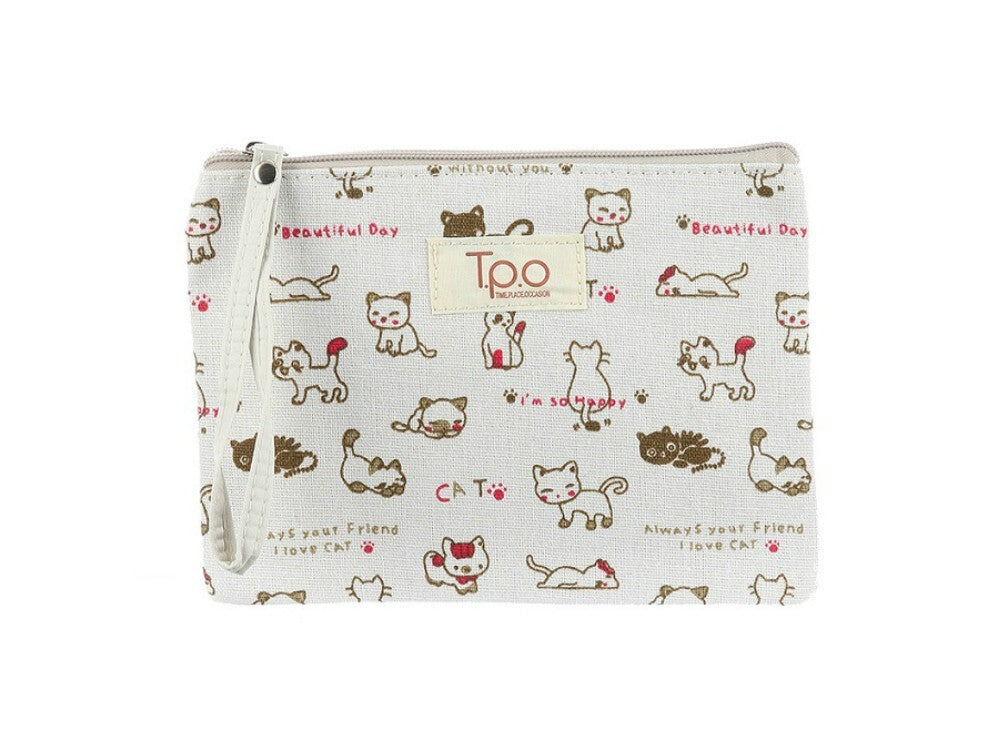 Beige Kitten Print Carry All Pouch Bag with Strap - Multi-Purpose Accessory