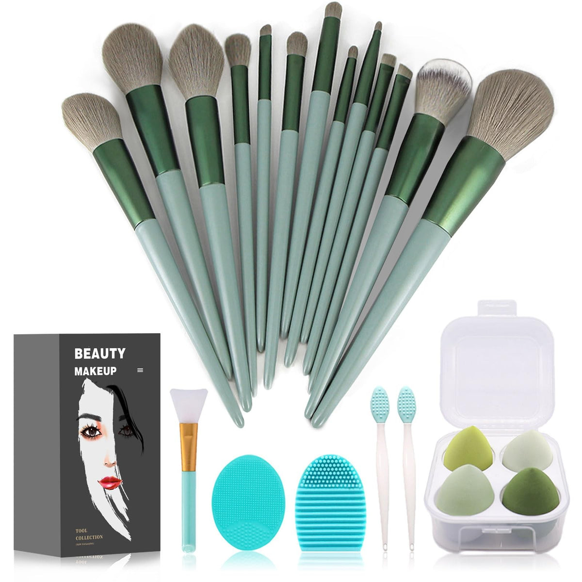 Makeup Brush Set 22 Pcs with Storage Bag & Accessories - Green