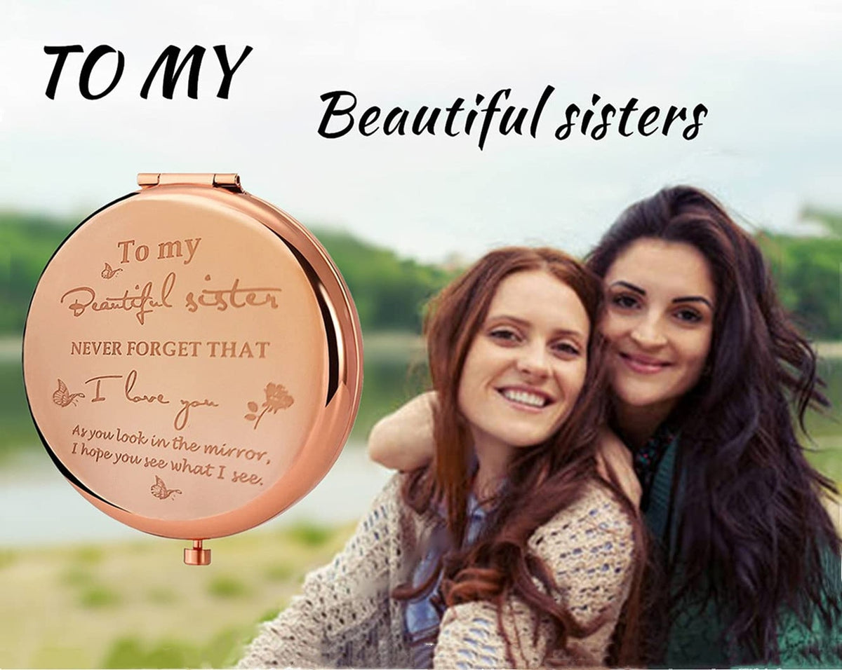 Personalized Compact Mirror for Sisters - Heart & Rose Gold, 2x Magnification