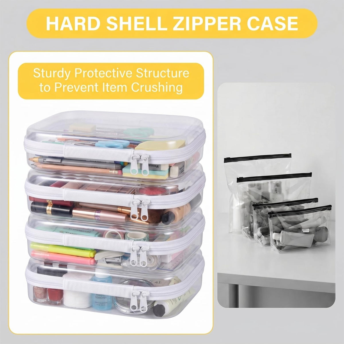 4 Pack Clear Hard Shell Zipper Cosmetic & Travel Organizer Bags 9.8x7.9 Inch