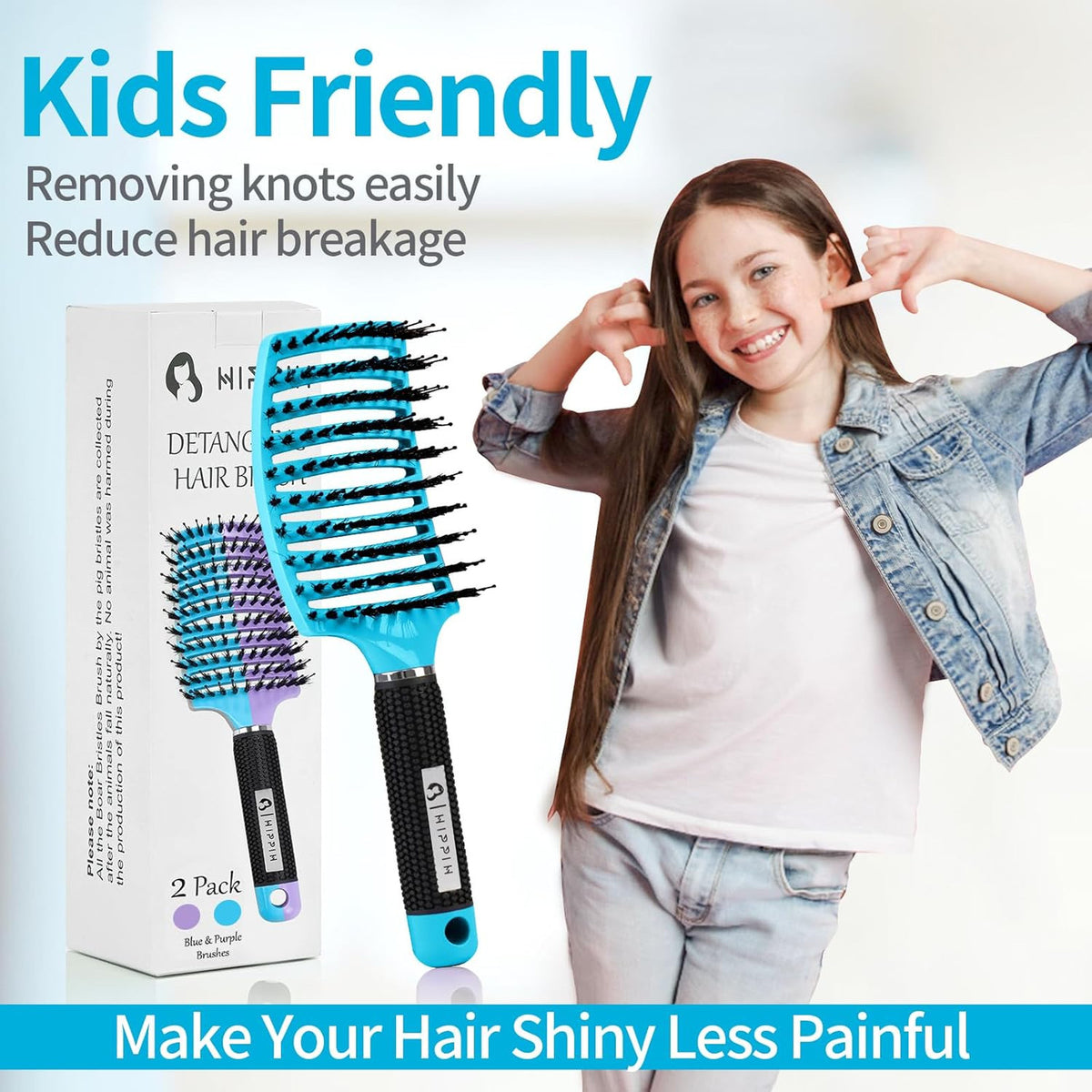 Boar Bristle Hair Brush Set of 2 for Detangling and Smoothing - Wet & Dry Hair